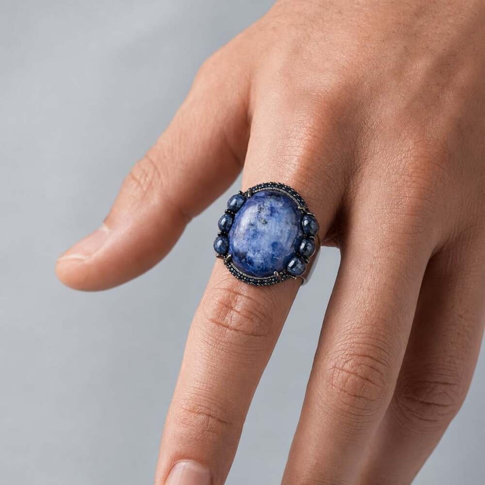 Bellus Domina Sodalite Cocktail Ring Size 7 Blue Black Statement Jewelry